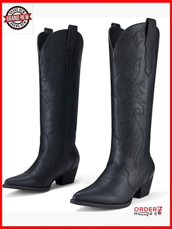 Shoes - Knee-High Western Cowboy Boots with Embroidered Design and Chunky Heel